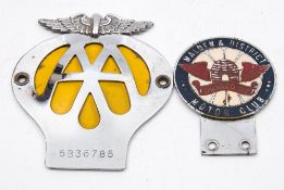 A Malden & District Car Club enamel badge, together with an AA badge:, (2).
