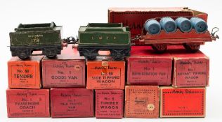 Hornby O gauge, a boxed group of goods wagons:, No 2 Timber Wagon, No 1 Goods Van,