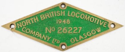 A diamond brass worksplate North British Locomotive Company Ltd, Glasgow, No 26227, 1948:,