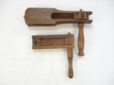 Two beech rattles:, the larger Air Raid Warden type with part turned body,