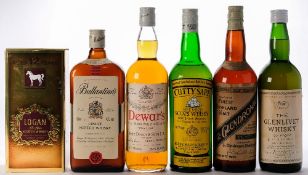 Six bottles of Whisky:, Glendronach, Cutty Sark, Dewar's, Glenlivet, Ballantine's and Logan.