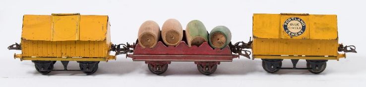 Hornby O gauge, a group of six goods wagons:, two 'Blue Circle' cement wagons,