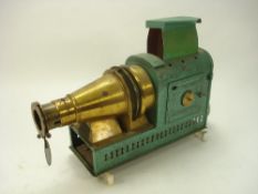 A late 19th/early 20th century brass and tinplate magic lantern:, the body over painted green,