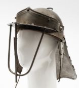 A reproduction English Civil war three-bar lobster pot helmet:.