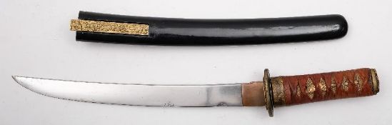 A Japanese tanto:, unsigned, the 12 inch blade over a copper habaki and gilt tsuba,
