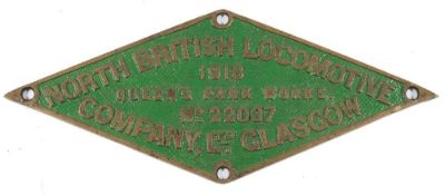 Worksplate 'North British Locomotive Company Ltd, Glasgow, Queen's Park Works, No 22037, 1918':,