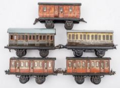 Hornby O gauge, a group of four passenger coaches:, two LNER First & Third Class,