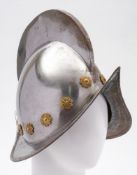 A reproduction Spanish morion helmet:, 20th century with high comb, plume holder,