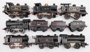 A group of seven Hornby O gauge 0-4-0 tank locomotives in black, LNER, LMS and BR etc:,
