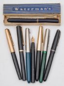 A collection of fountain pens:, including a Parker 61 with gold coloured cap,