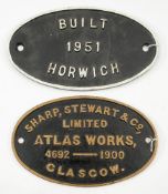 Two oval worksplates:, one in brass for Sharp, Stewart & Co.