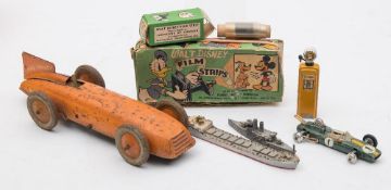 A Chad Valley tinplate Land Speed Record Car in orange:, no motor,