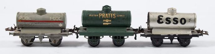 Hornby O gauge, a group of seven petrol tank wagons:, ' Pool', Shell Motor Spirit' (2),
