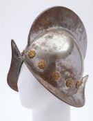 A reproduction Spanish morion helmet:, 20th century with high comb,