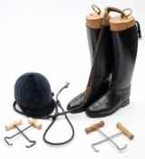 A pair of black leather riding boots by Davies Riding Boots:, with boot trees,