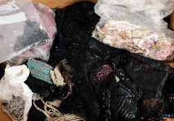 A quantity of early 20th century and later beadwork panels and trim:, mainly black,
