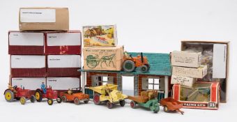 Britains, Dinky and others, a farmyard group:, including a Dinky Land Rover,