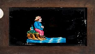 A 19th century hand painted magic lantern glass slipping slide of a man on a riverbank being