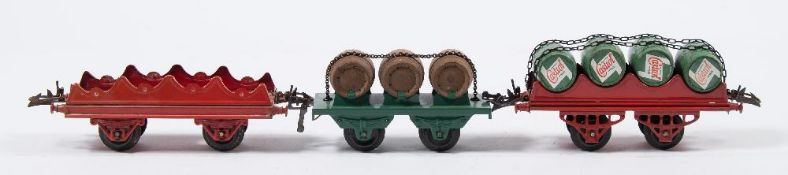 Hornby O gauge, a group of seven goods wagons:, two 'Blue Circle' cement wagons,