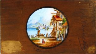 A dissolve set of two magic lantern slides 'Mill on The Lake Lucerne, Switzerland':,