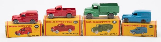 Dublo Dinky boxed group of four:, comprising No 063 blue Commer Van in blue, grey wheels,