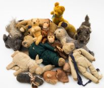 A collection of mid 20th century plush toys:, including monkeys, dogs and bears,
