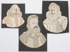 Three early 19th century hand cut coptograph portraits:, of gentlemen in Elizabethan style costume,