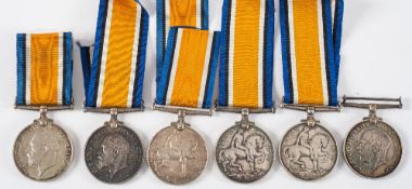 A group of six George V War Medals: '7264 Pte J G Lyon Boro R' '51782 Sjt H Turner RA' '76547 Pte N