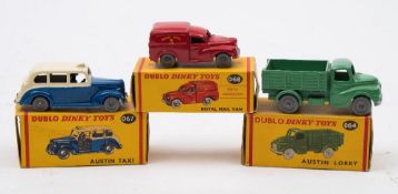 Dinky Dublo: No 064 Austin Lorry, No 067 Austin Taxi and No 068 Royal Mail Van, all boxed.