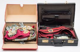 A collection of RAOB regalia comprising sashes, jewels, aprons etc.