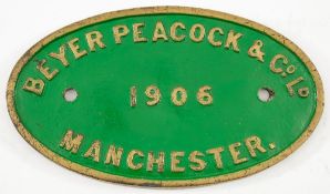An oval brass worksplate Beyer Peacock & Co Ld, Manchester, 1906:,