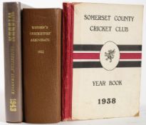 Wisdens 1922 rebound hardback, together with a 1943 reprint and a 1938 Somerset Yearbook:,