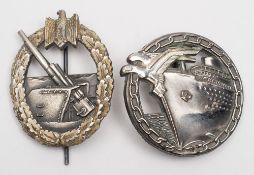 A Third Reich Period Coastal Artillery badge by AGN and a Blockade Runner Badge by Otto Placzeck:,