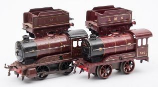 Two Hornby O gauge LMS maroon 0-4-0 locomotives and tenders:, No 500 and 5600.