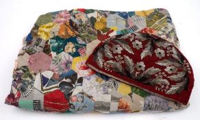 A mid 20th century patchwork quilt,: c1960s, 330 x 210cm and a Victorian beaded tea cosy.