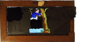 A group of seven magic lantern slipping slides:, comprising a man in a red beret with moving eyes,