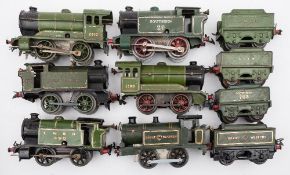 A group of six Hornby O gauge 0-4-0 tank locomotives in green, LNER, GWR etc:,