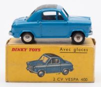 French Dinky No 24L 2CV Vespa 400:, blue with dark roof panel silver trim and chrome wheels.