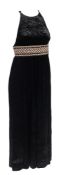 A David Butler for Pressler black velvet evening dress:, with gold embroidered waistband,