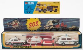 Corgi GS18 'SOS' gift set:, Police Cortina, Hughes 369 helicopter and Police Range Rover, boxed ,