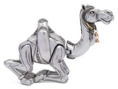 A Frank Meisler metal sculpture of a seated camel: with articulated head and neck,