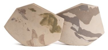 *Val Barry (1937-2018) two white stoneware vessels: each of narrow slab built profile with angular