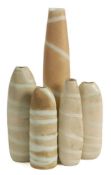 *Val Barry (1937-2018) a porcelain 'chimney' vase and four slender oviform vases: of thrown and
