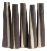 *Val Barry (1937-2018) five porcelain 'chimney' vases: of thrown and squashed tapering form under