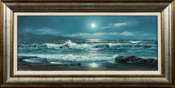 * Peter Cosslett [b.1927]- Moonlit Surf,:- signed oil on canvas, 29.5 x 75cm.