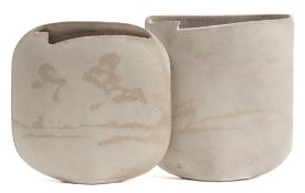 *Val Barry (1937-2018) two stoneware 'landscape sail' vases: of narrow slab built form with
