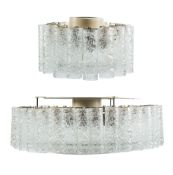 Doria Leuchten, two 1960's metal circular six light centre light fittings:,