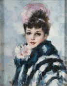 Parisian School 20th Century- Fashionable ladies,:- three, oils on board, each 23.5 x 19cm.