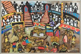British School mid 20th Century- Big cats and performers in a circus ring,
