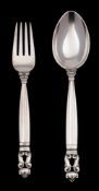 A Georg Jensen Acorn pattern silver spoon and fork: stamped marks, contained in their original case,